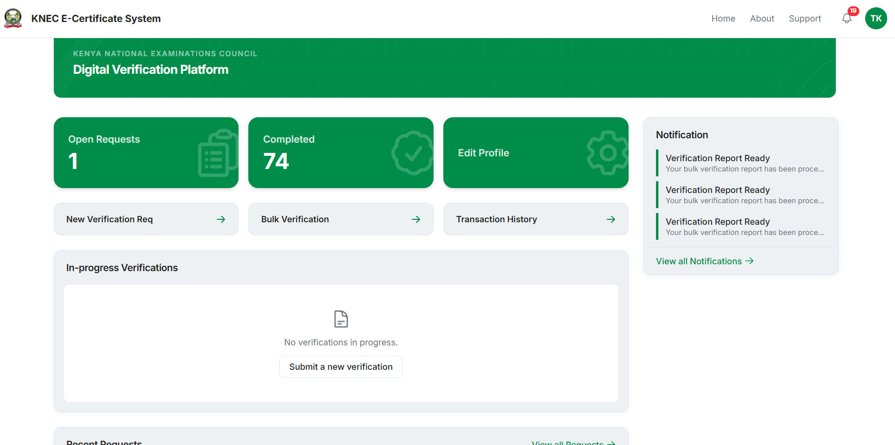 KNEC E-Certificate Platform Login Link 7 Verifier dashboard with notifications, wallet and recent verifications